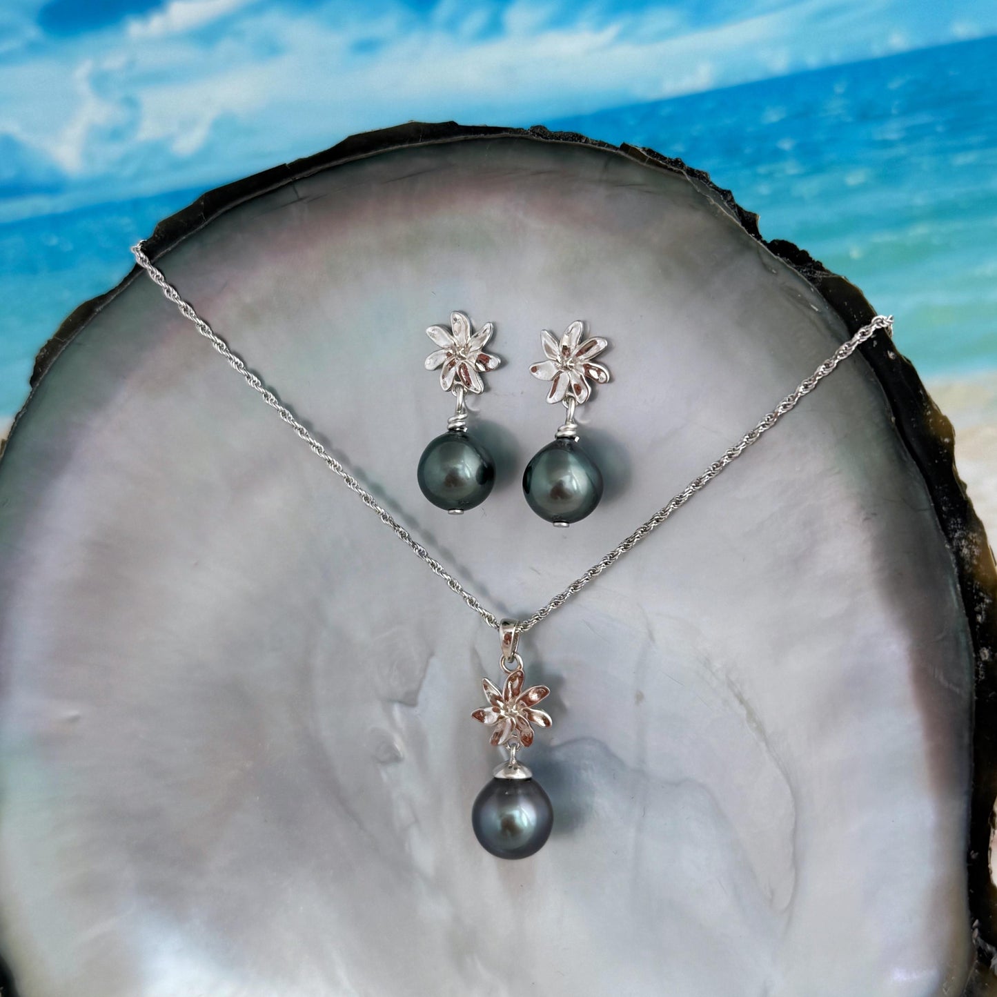Tahitian Pearl Necklace: Sterling Silver Gardenia Flower Pendant