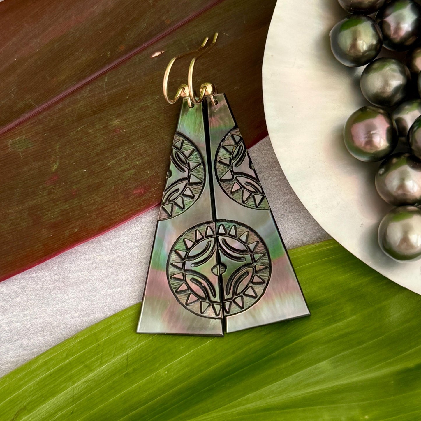 Hand Carved Mother of Pearl Earrings: Polynesian Sun, Gold Filled or Sterling Silver