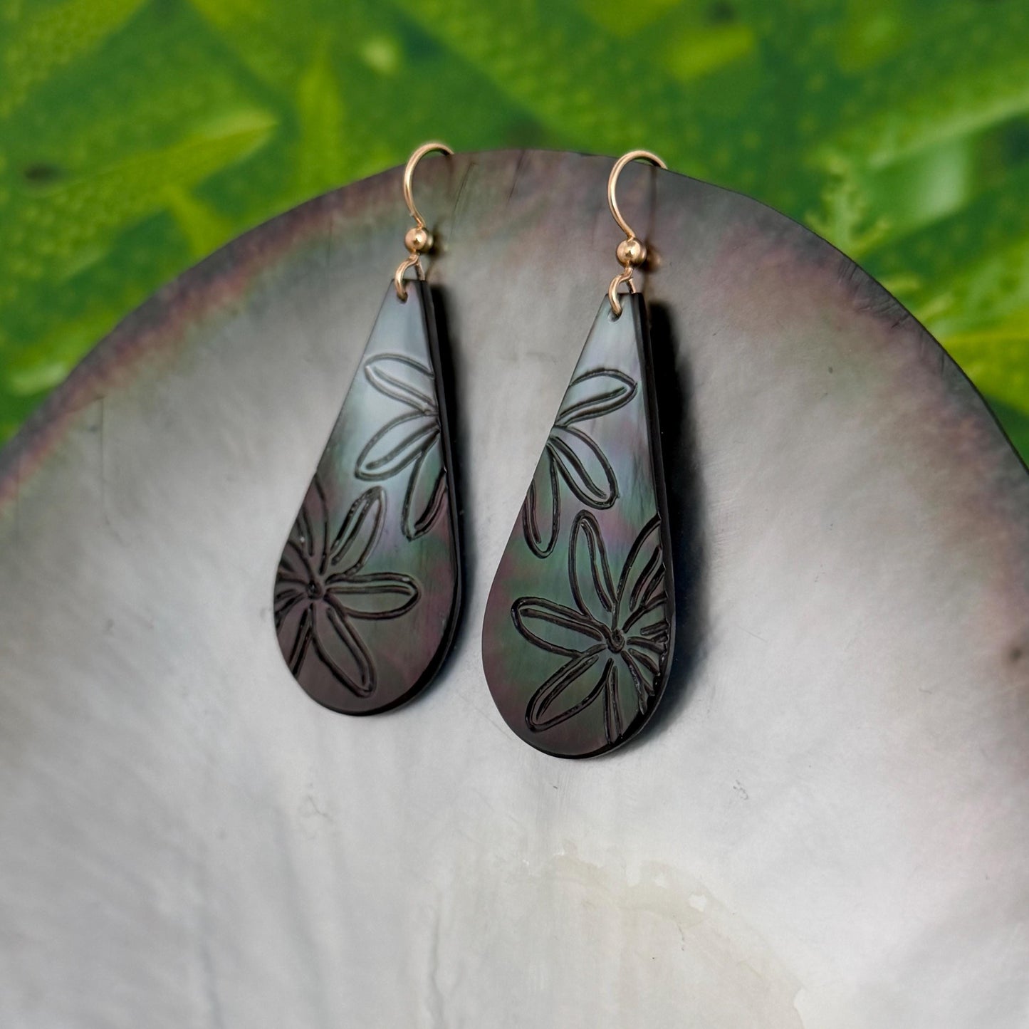 Hand Carved Mother of Pearl Tiare Earrings • Hawaiian Jewelry