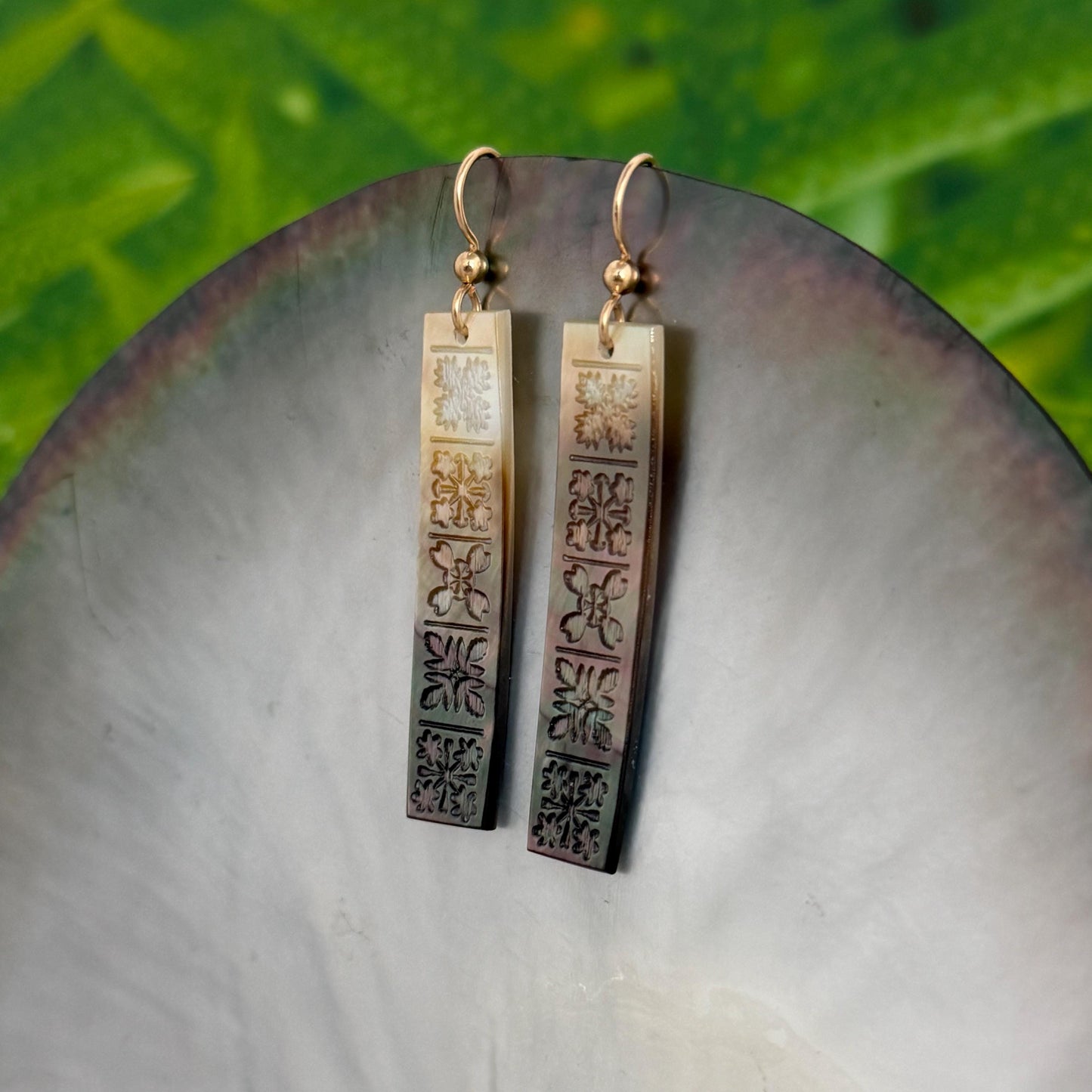 Hand Carved Mother of Pearl Quilt Earrings • Hawaiian Jewelry
