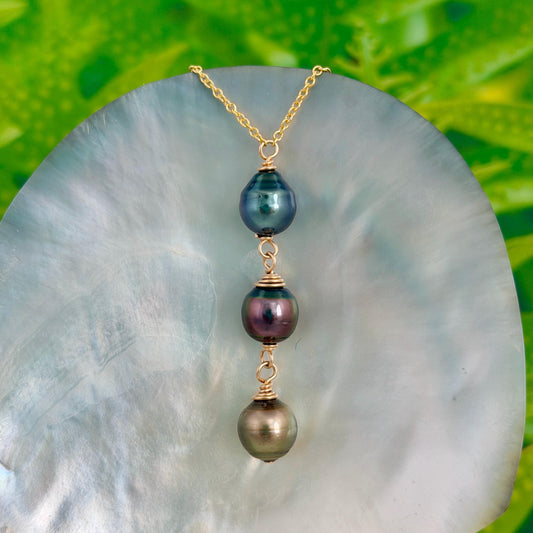 Tahitian Pearl Drop Necklace – Triple • Trio • 14k Gold-Filled
