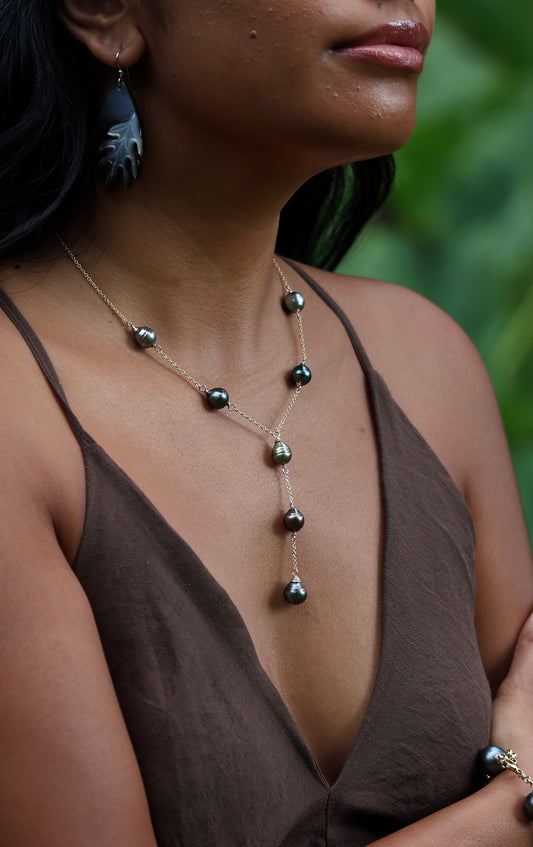 Tahitian pearl Y necklace • Linked pearls with drop pendant