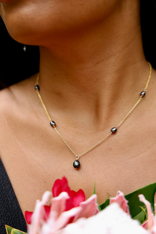 Tahitian Keshi Pearl necklace • Dangle gems in 14k Gold filled