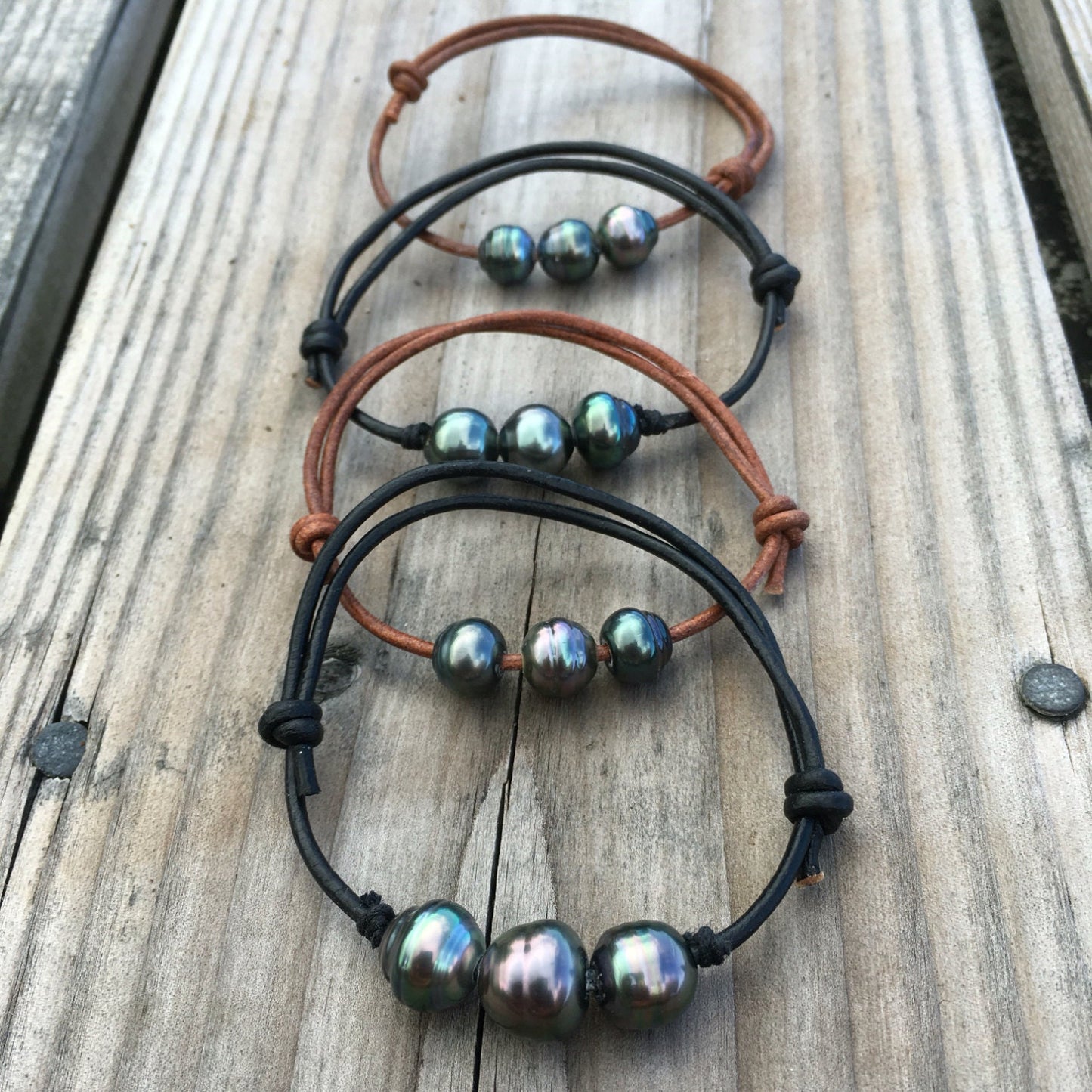 Tahitian Pearl Bracelet – Adjustable 3 Pearls on Black or Brown Leather cord • Unisex Design