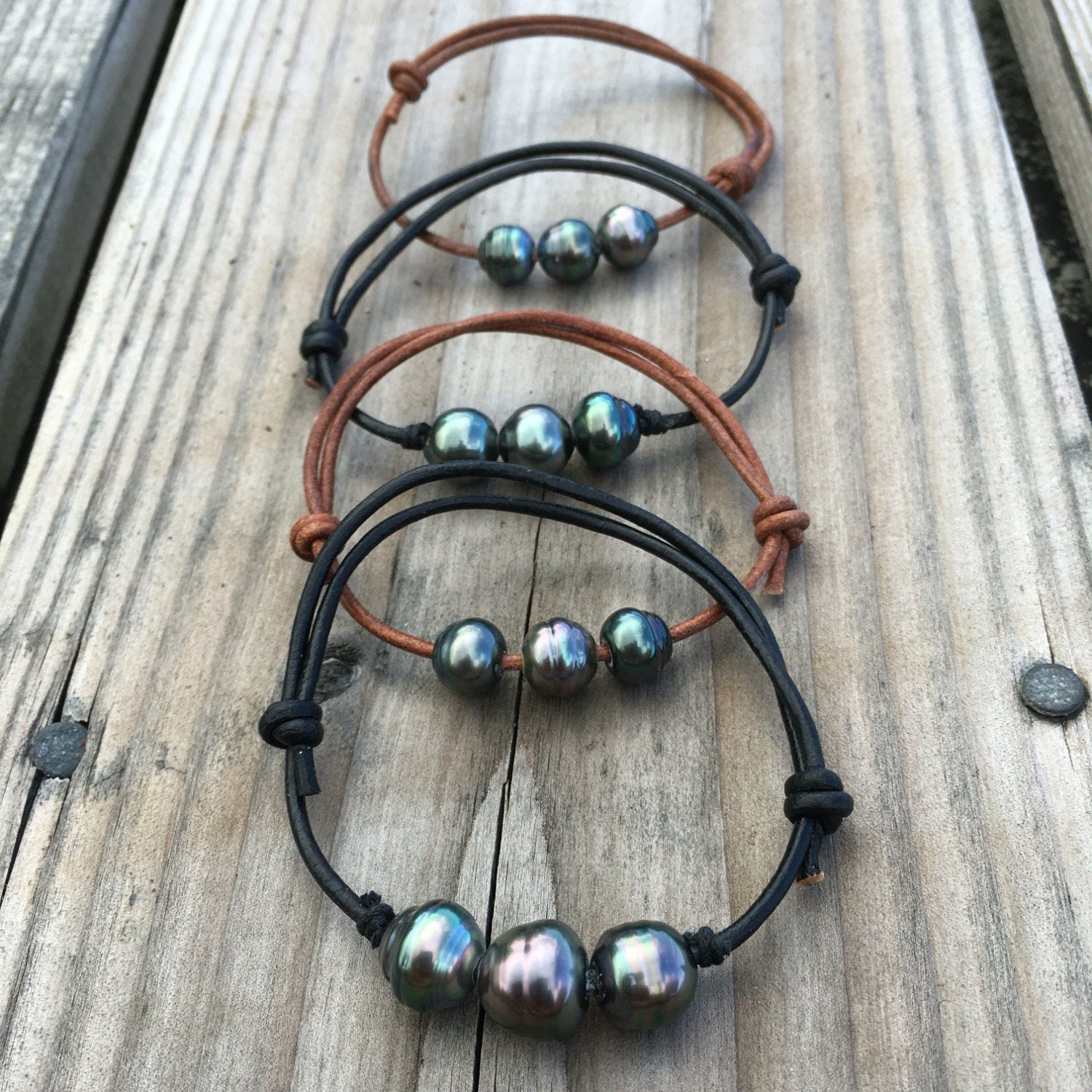 Tahitian Pearl Bracelet – Adjustable 3 Pearls on Black or Brown Leather cord • Unisex Design
