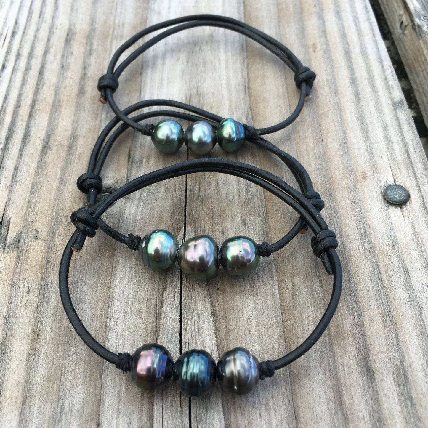 Tahitian Pearl Bracelet – Adjustable 3 Pearls on Black or Brown Leather cord • Unisex Design