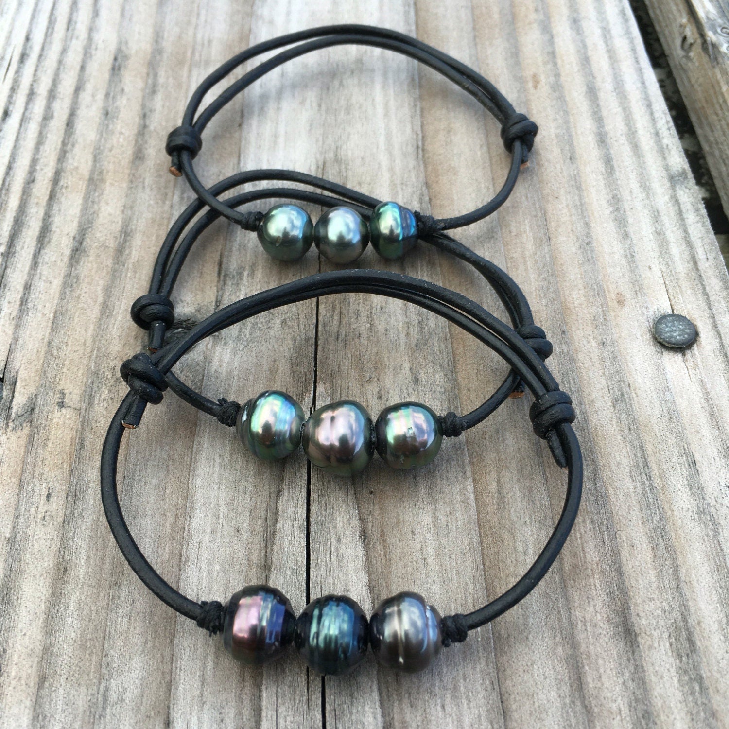 Tahitian Pearl Bracelet – Adjustable 3 Pearls on Black or Brown Leather cord • Unisex Design