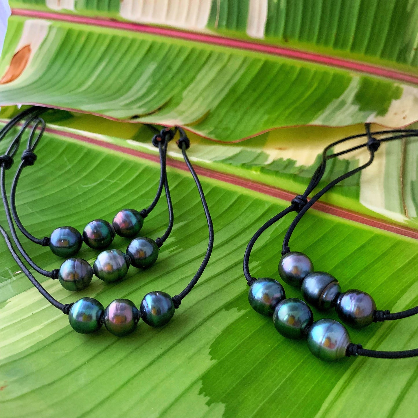Triple Tahitian Pearl Leather Necklace: Adjustable Cord