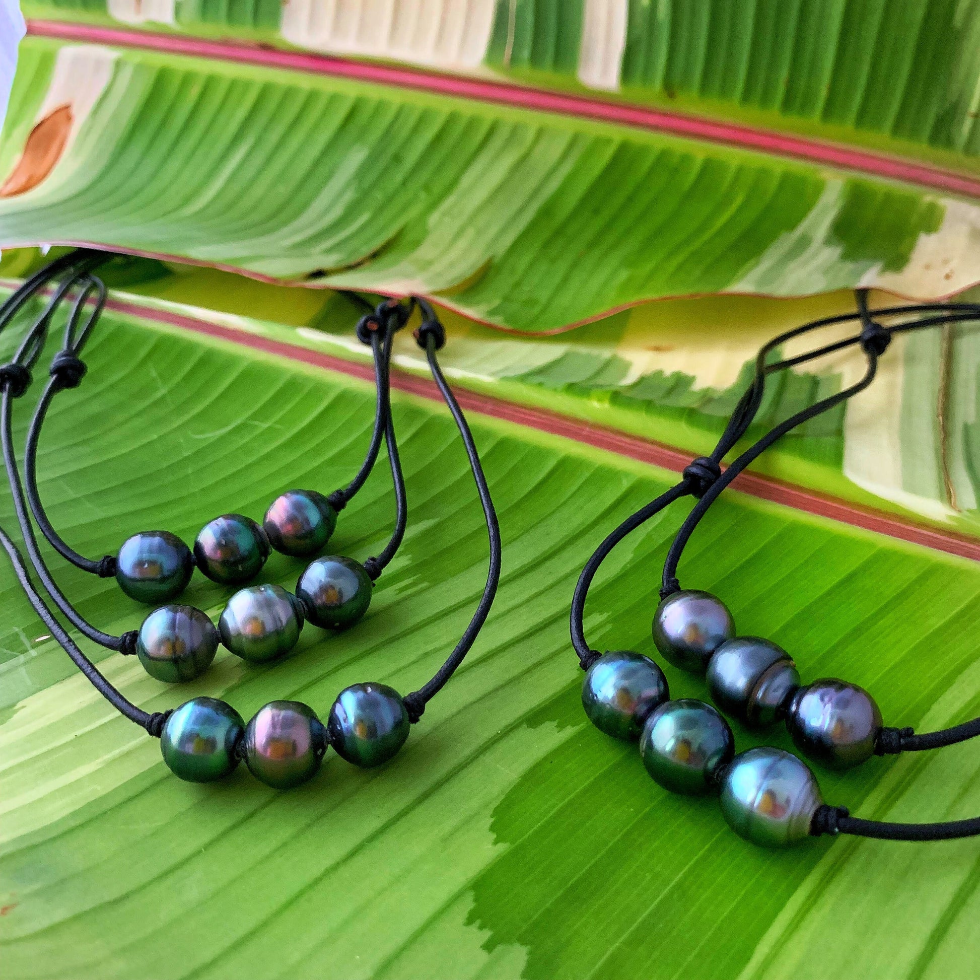 Triple Tahitian Pearl Leather Necklace: Adjustable Cord
