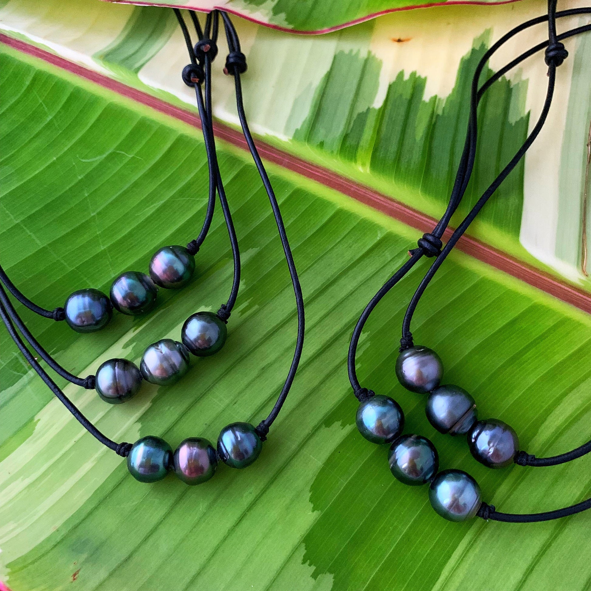 Triple Tahitian Pearl Leather Necklace: Adjustable Cord