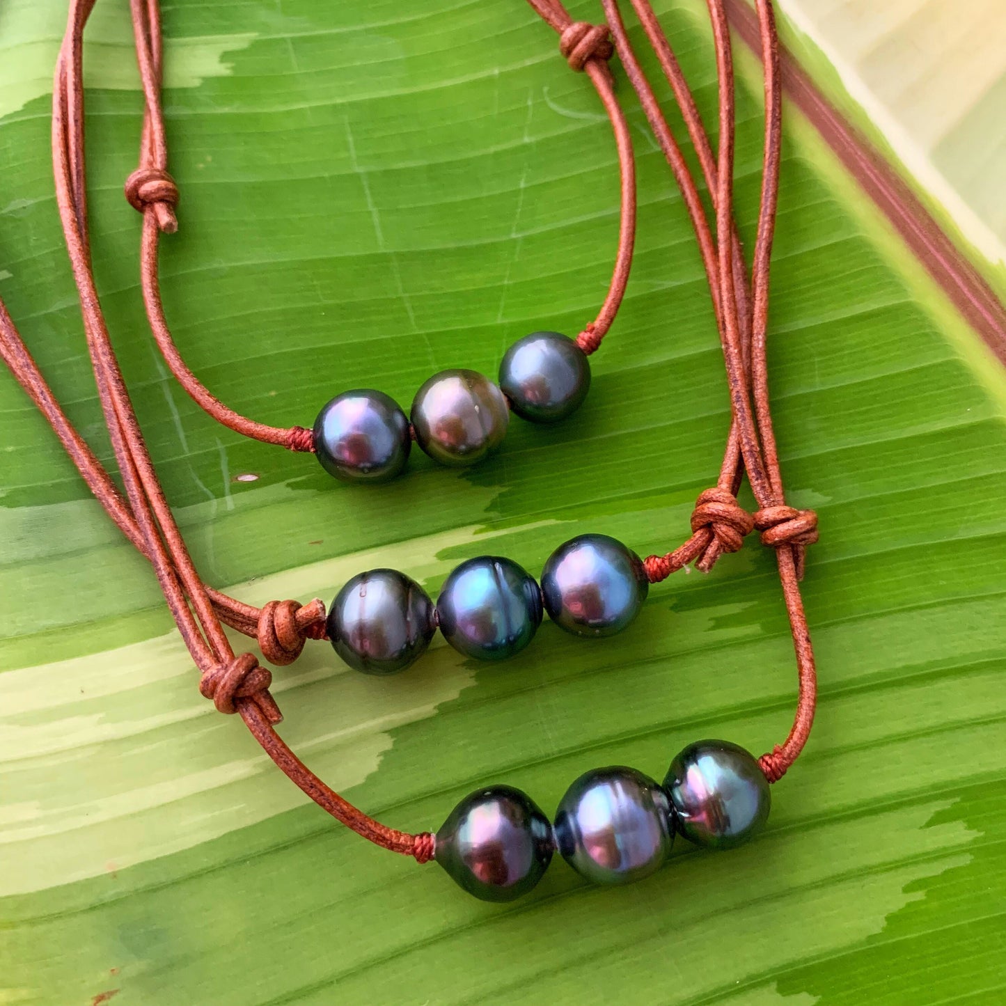 Triple Tahitian Pearl Leather Necklace: Adjustable Cord