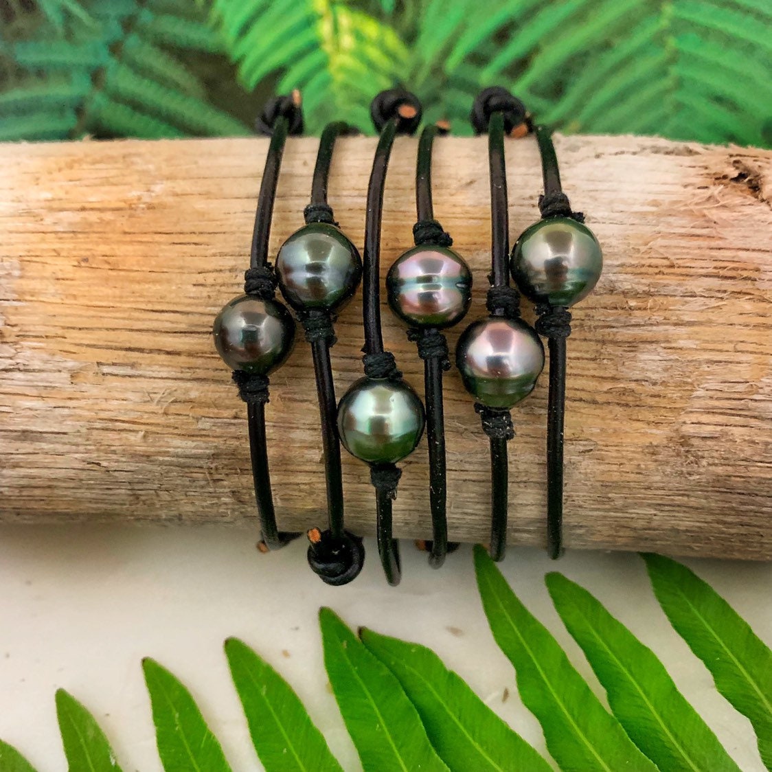 Tahitian Pearl Bracelet – Adjustable Black or brown Leather Cord • unisex