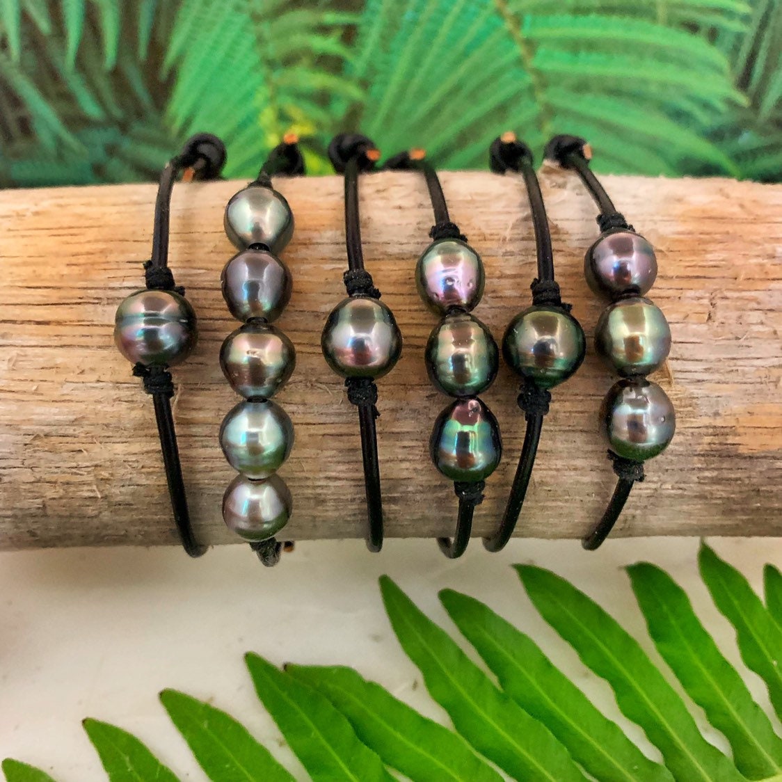 Tahitian Pearl Bracelet – Adjustable Black or brown Leather Cord • unisex