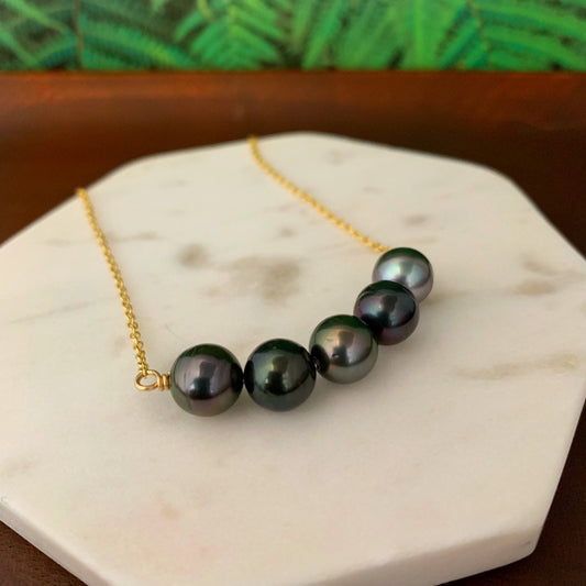 Five Tahitian Pearl Bar Necklace: 14k Gold Filled or Sterling Silver