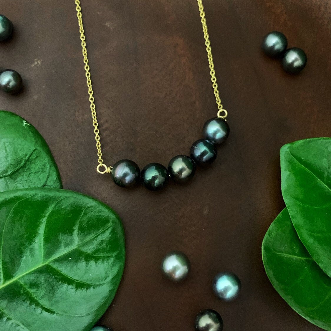 Five Tahitian Pearl Bar Necklace: 14k Gold Filled or Sterling Silver