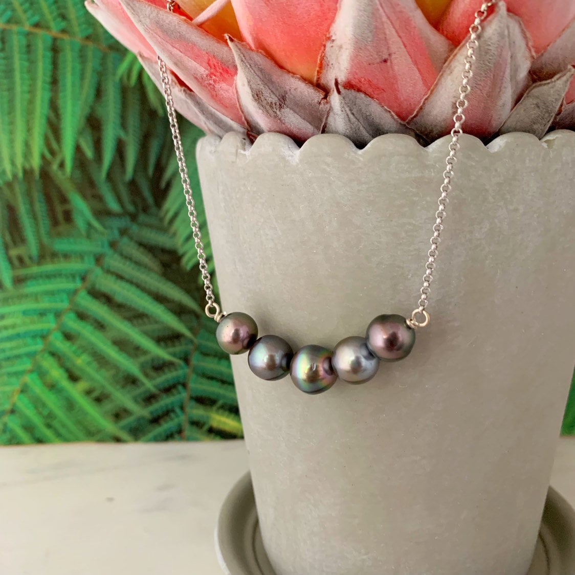 Five Tahitian Pearl Bar Necklace: 14k Gold Filled or Sterling Silver