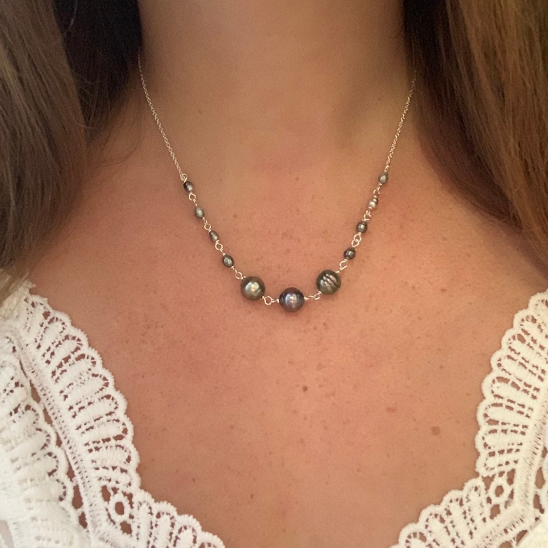 Tahitian Pearl Necklace – Genuine Pearls and Keshi Accents with Chain, Handmade in Hawaii