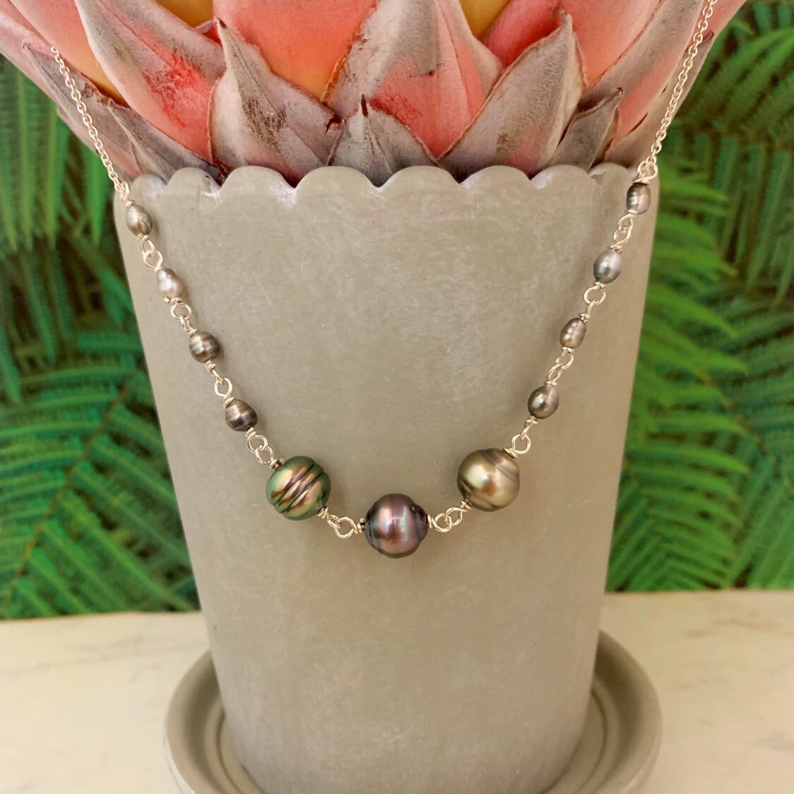 Tahitian Pearl Necklace – Genuine Pearls and Keshi Accents with Chain, Handmade in Hawaii