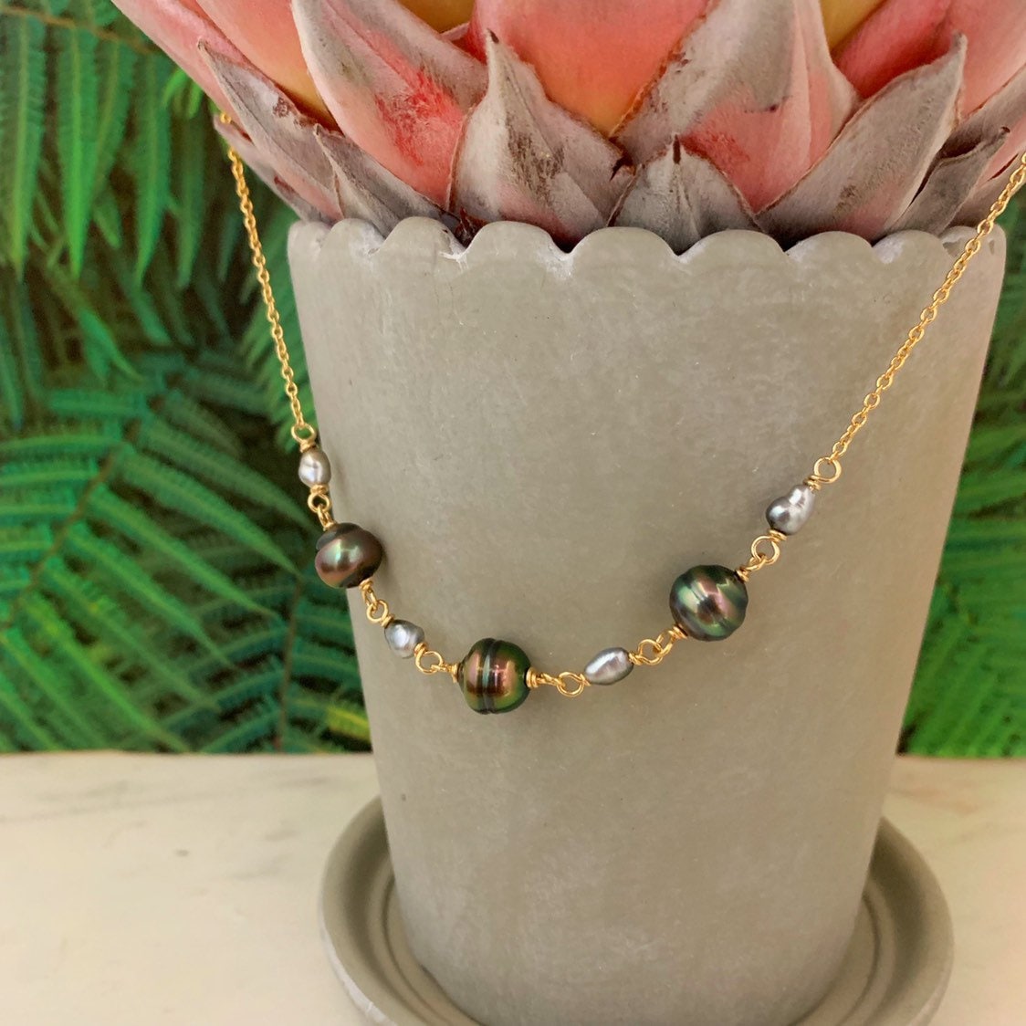 Tahitian Pearl Necklace • Keshi Pearl Choker • Boho Beach Style Jewelry • Handmade in Hawaii