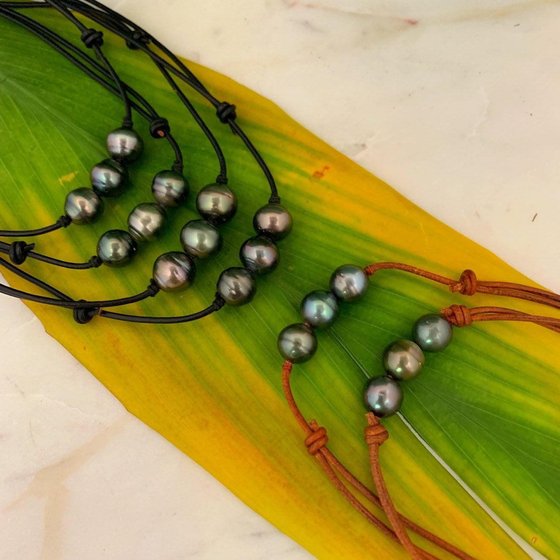 Triple Tahitian Pearl Leather Necklace: Adjustable Cord