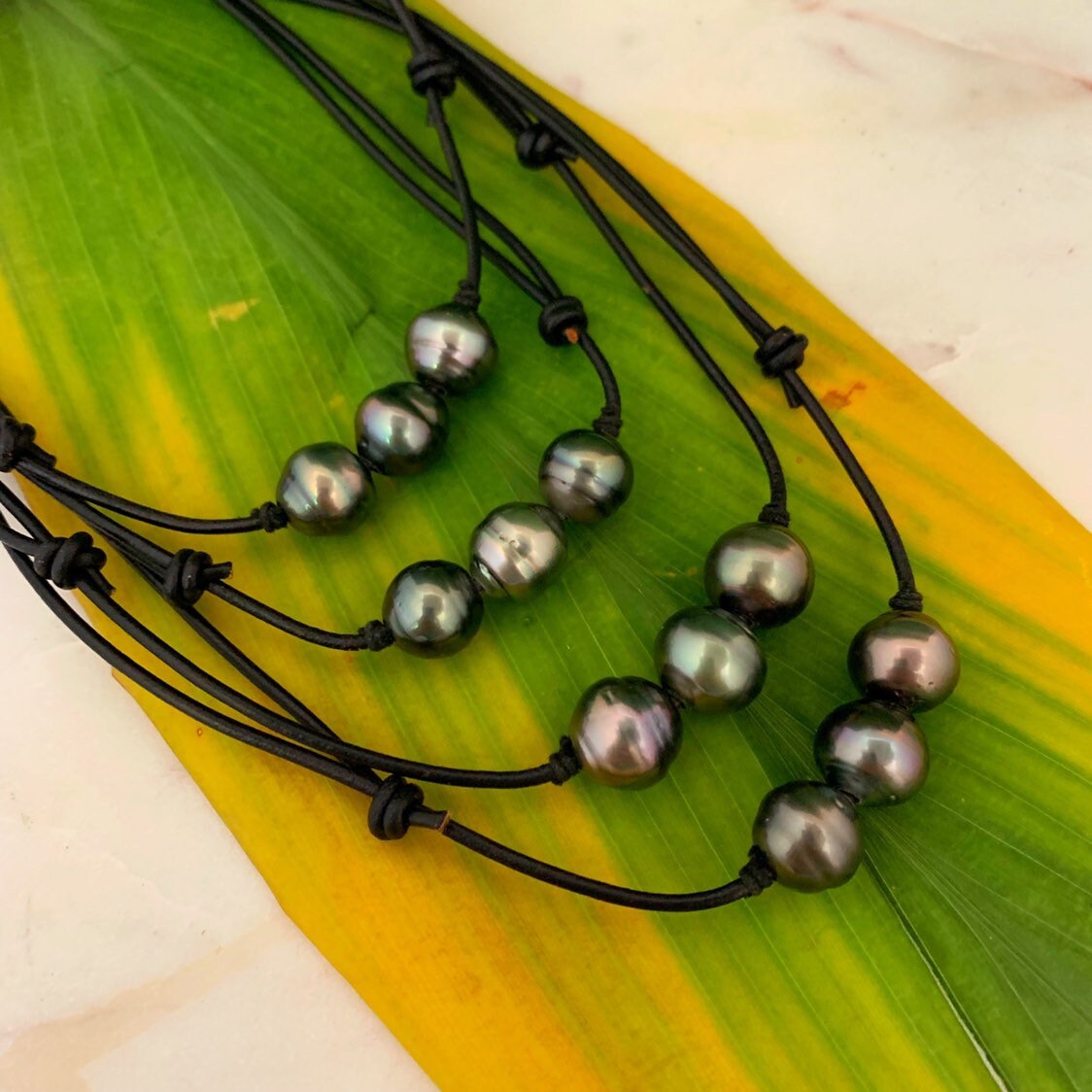 Triple Tahitian Pearl Leather Necklace: Adjustable Cord