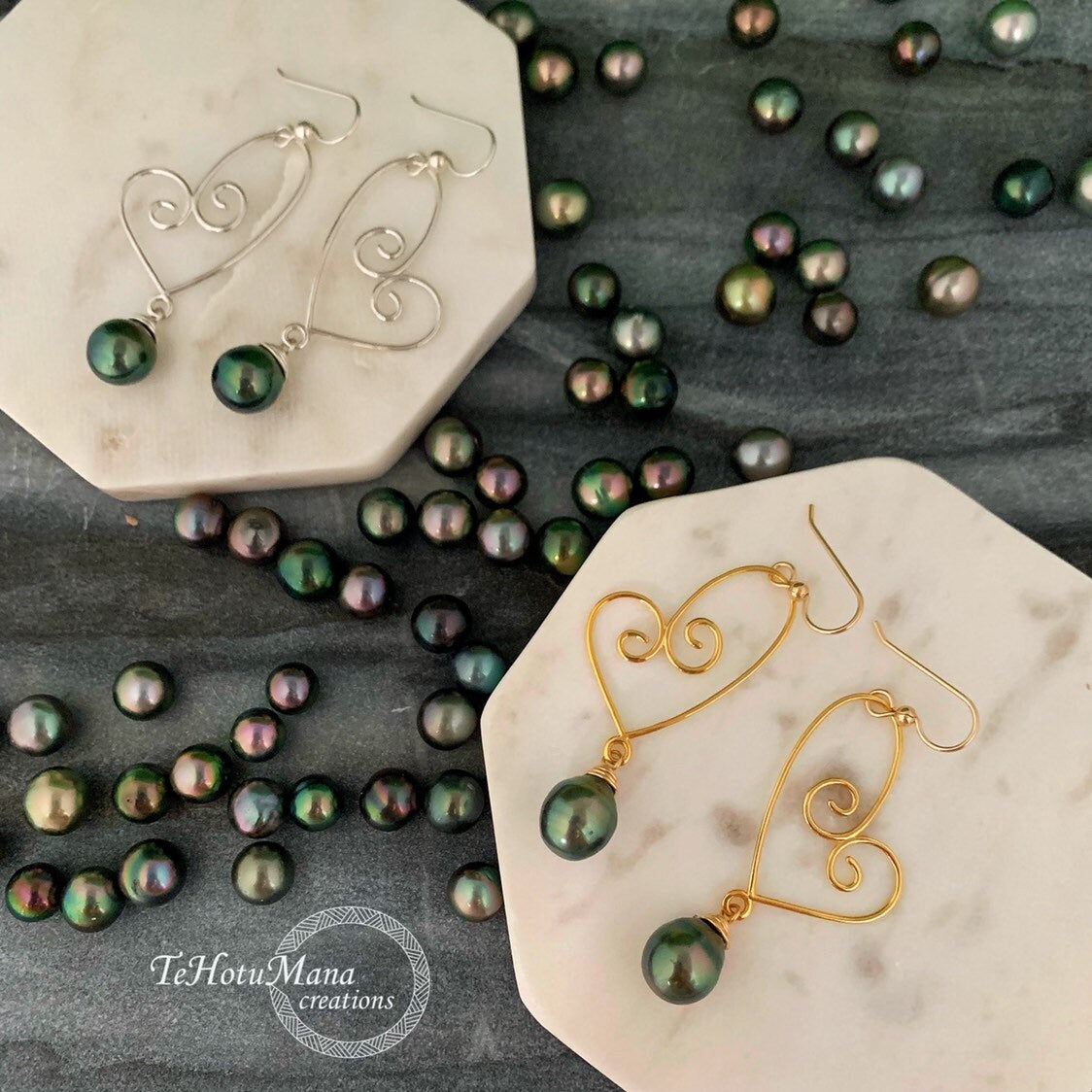 Tahitian Pearl Dangle Earrings • Sterling silver heart jewelry