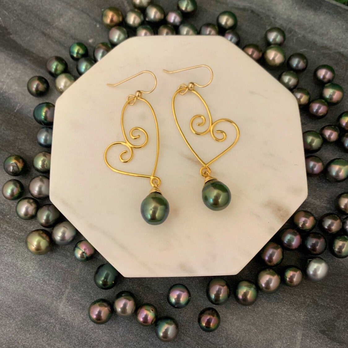 Tahitian Pearl Dangle Earrings • Gold heart jewelry