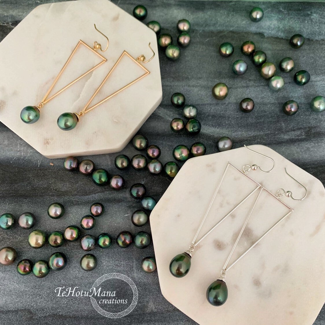 DOORBUSTER Tahitian Pearl Earrings – Sterling Silver Triangle Dangle jewelry.
