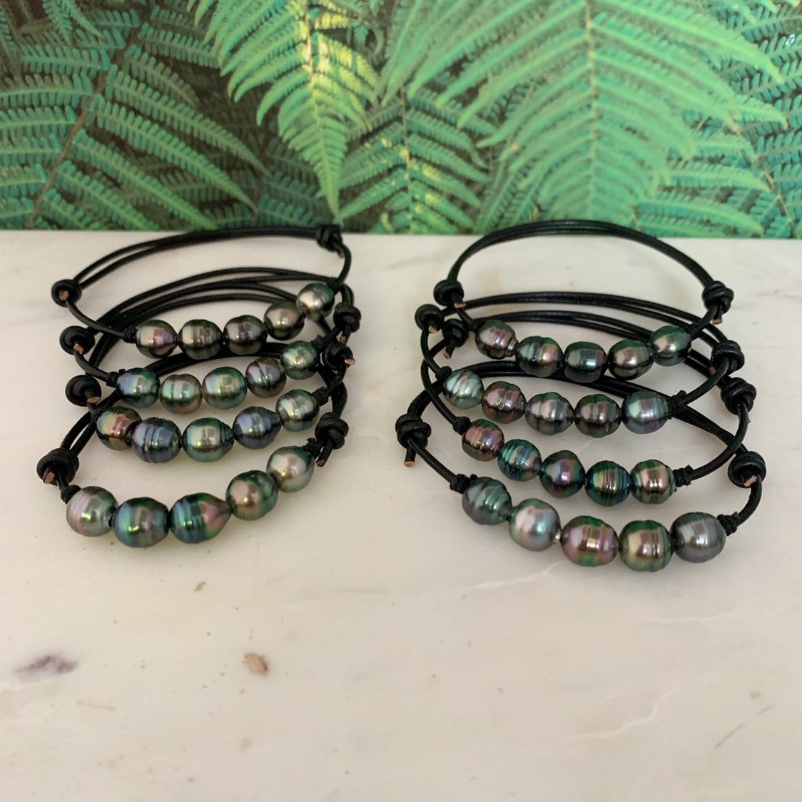 Tahitian Pearl bracelet • Adjustable Leather with 5 black pearls