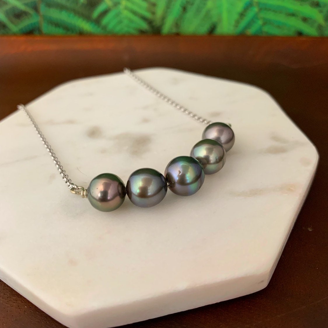 Five Tahitian Pearl Bar Necklace: 14k Gold Filled or Sterling Silver
