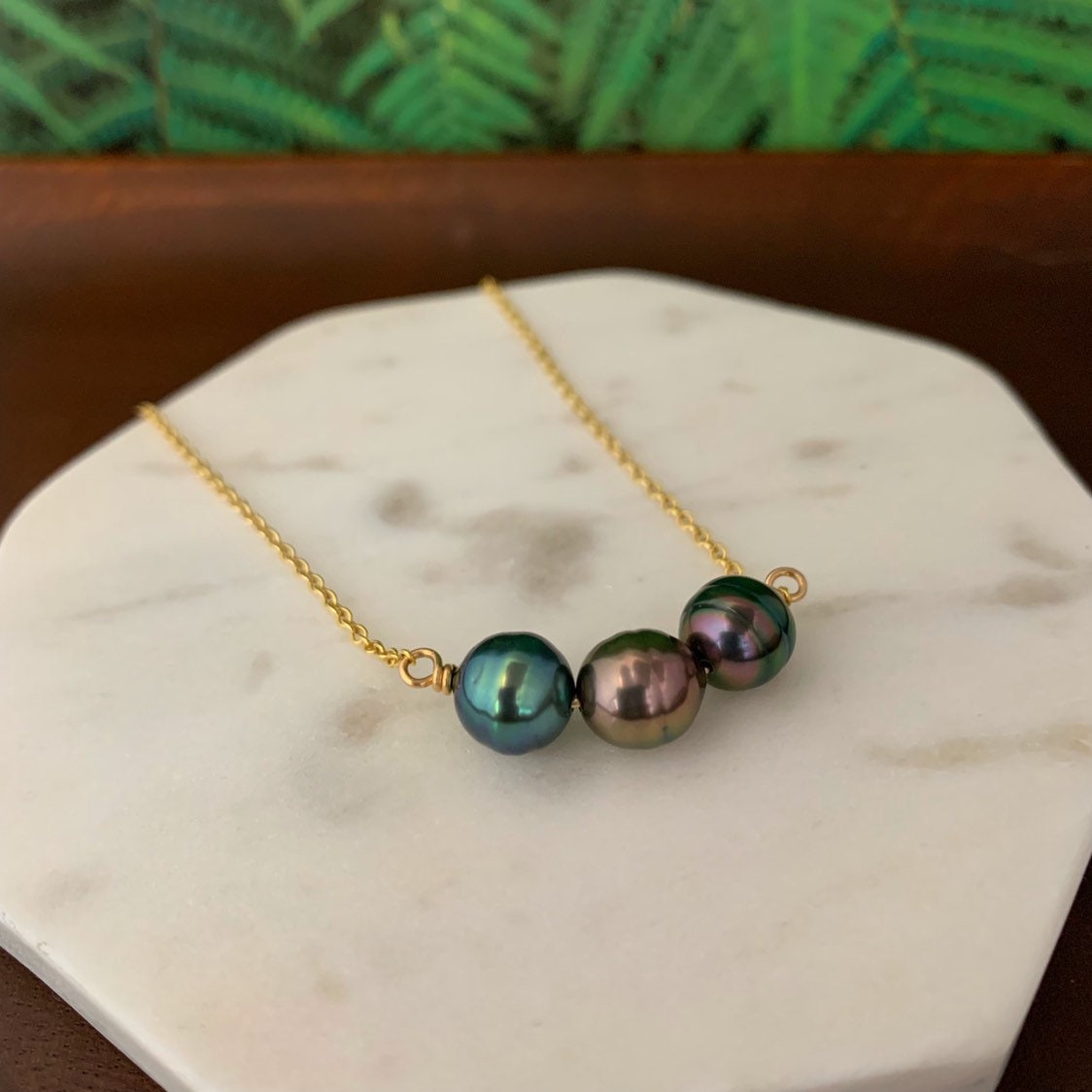 Tahitian Pearl Necklace – Triple Black Gems on Sterling Silver or Gold filled Chain