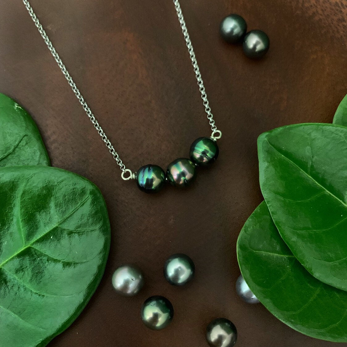 Tahitian Pearl Necklace – Triple Black Gems on Sterling Silver or Gold filled Chain
