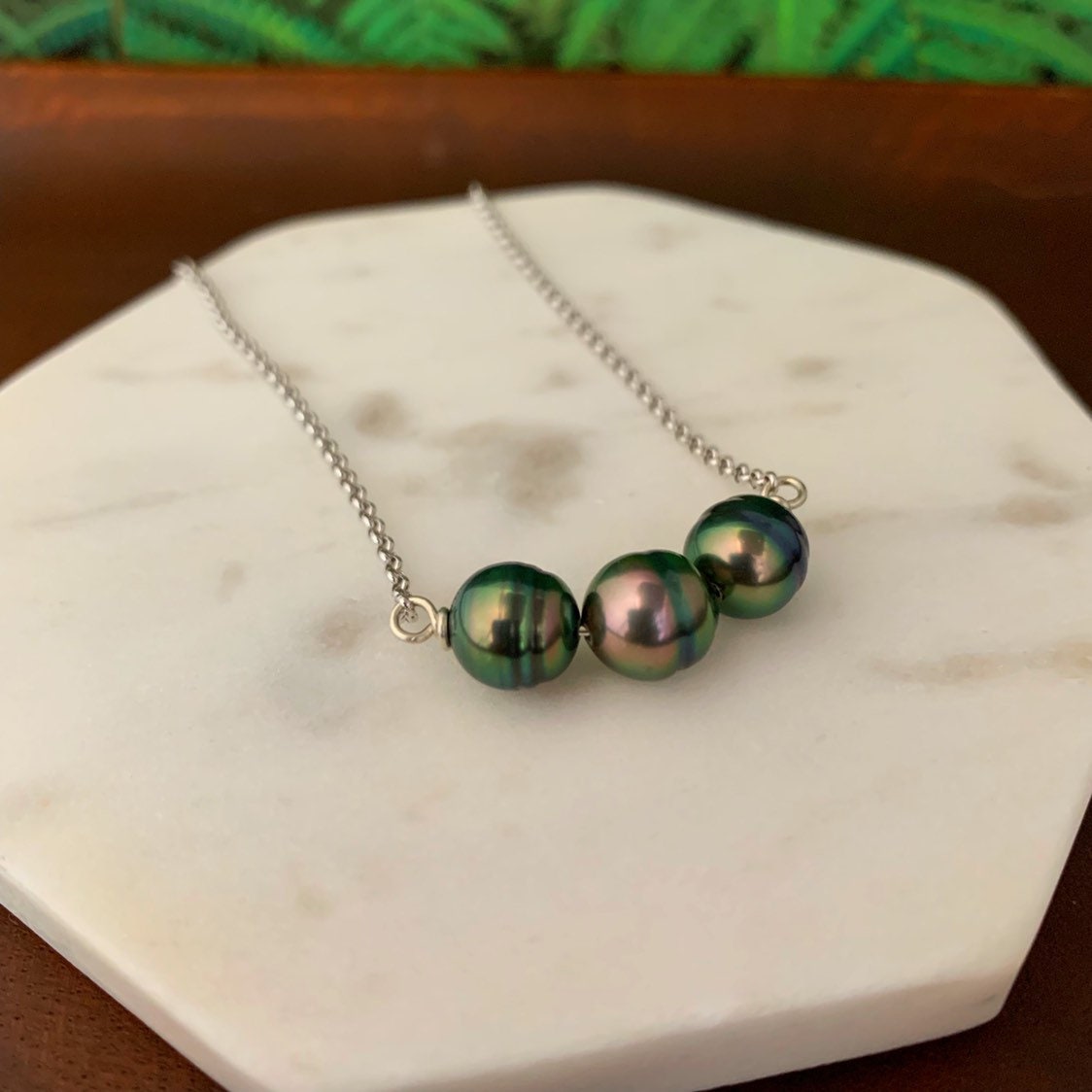 Tahitian Pearl Necklace – Triple Black Gems on Sterling Silver or Gold filled Chain
