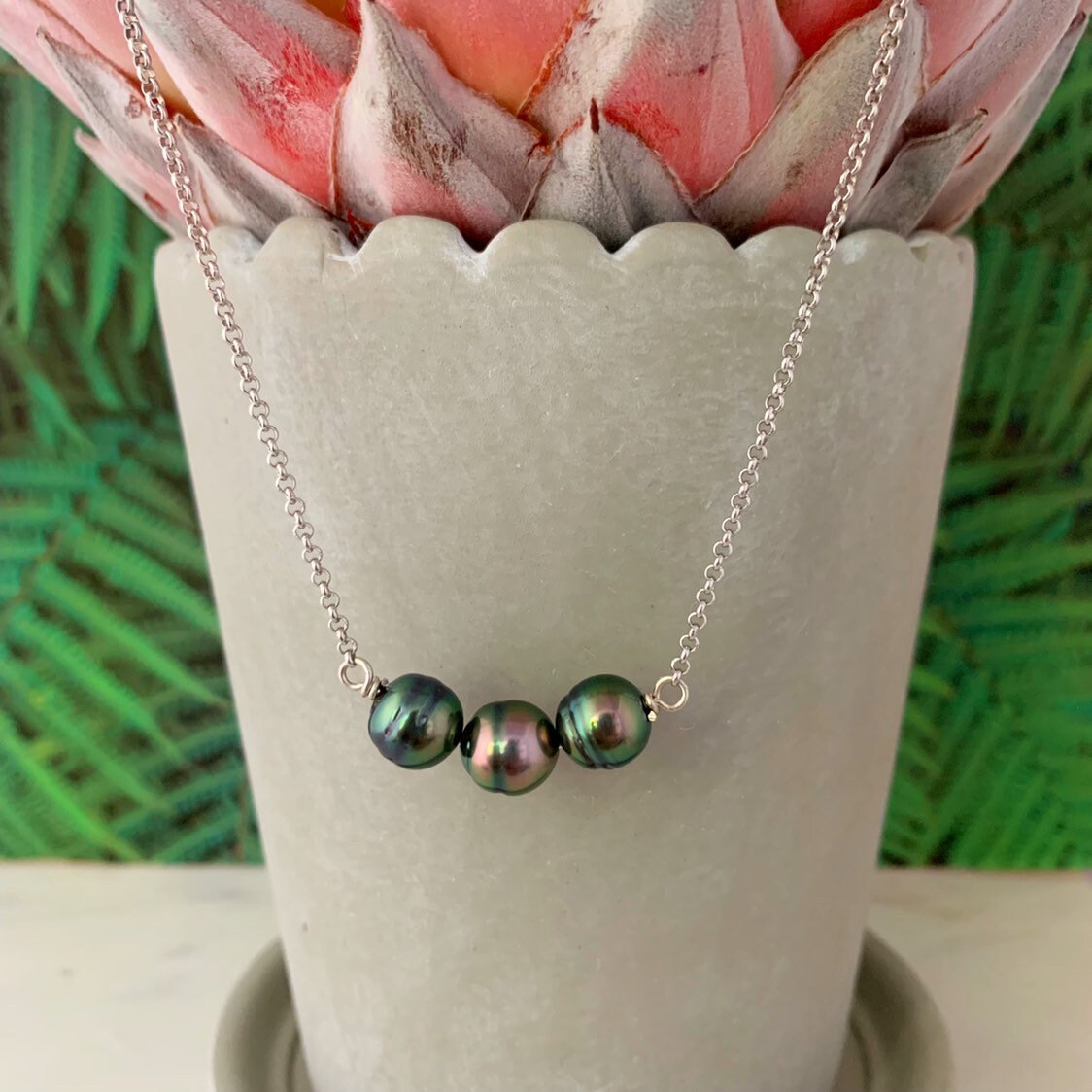 Tahitian Pearl Necklace – Triple Black Gems on Sterling Silver or Gold filled Chain