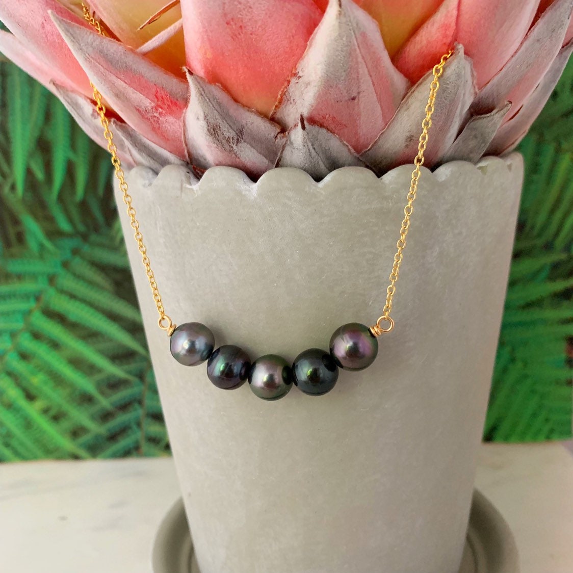 Five Tahitian Pearl Bar Necklace: 14k Gold Filled or Sterling Silver