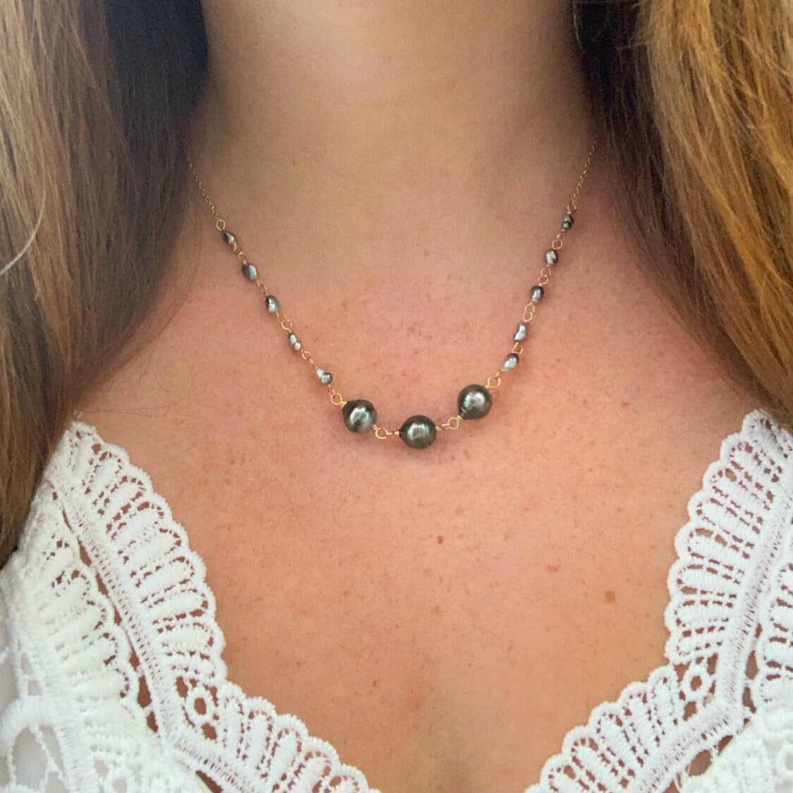 Tahitian Pearl Necklace – Genuine Pearls and Keshi Accents with Chain, Handmade in Hawaii