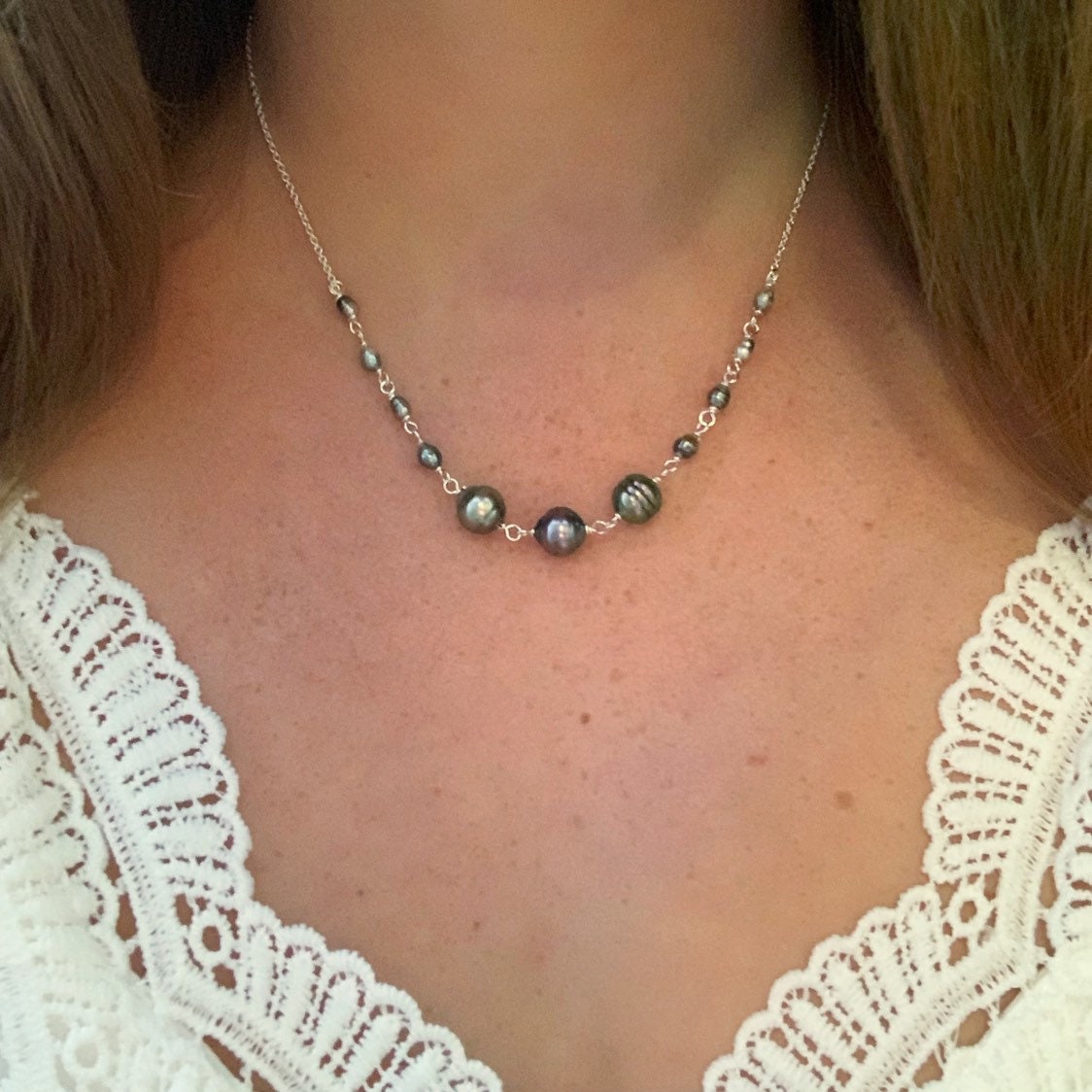 Tahitian Pearl Necklace – Genuine Pearls and Keshi Accents with Chain, Handmade in Hawaii