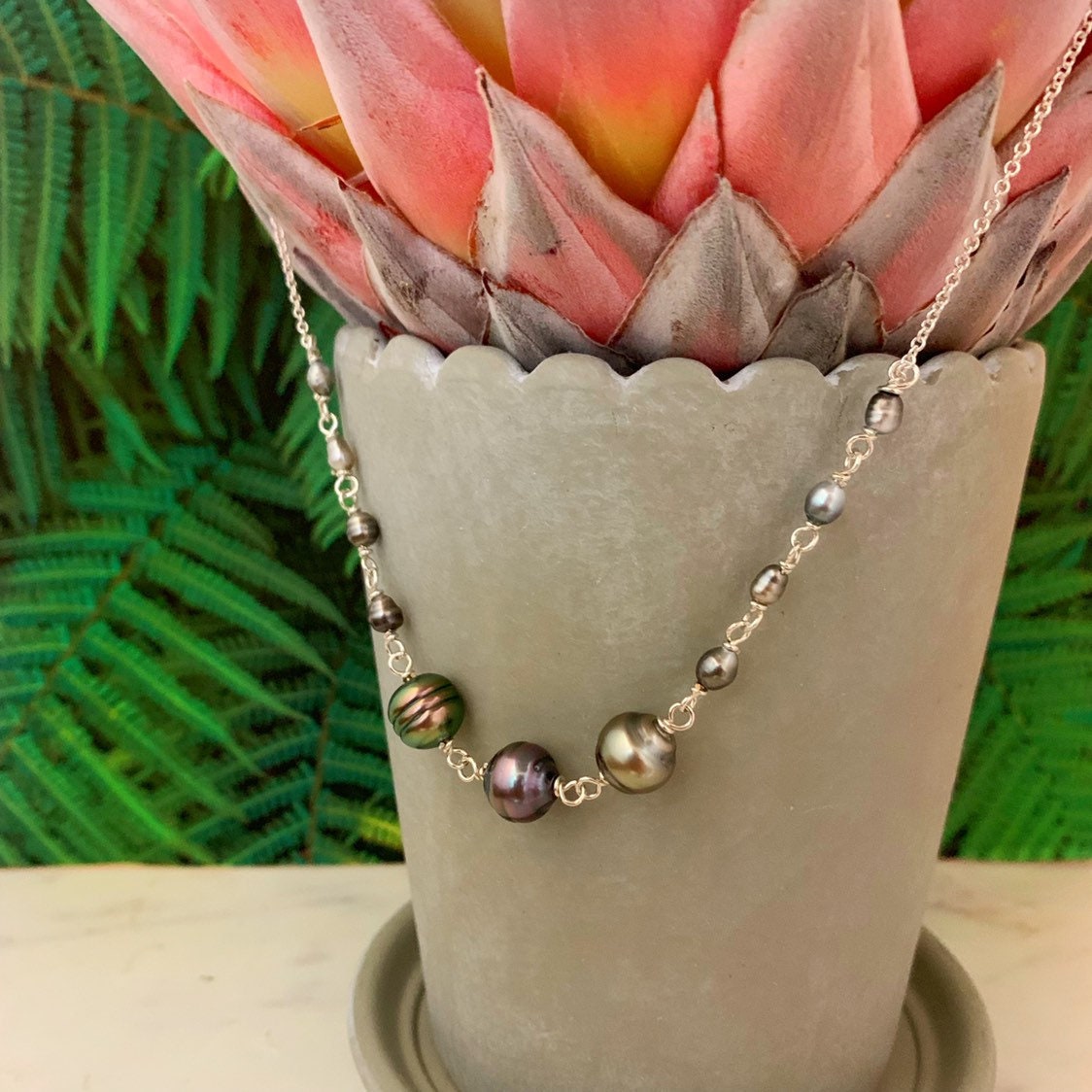 Tahitian Pearl Necklace – Genuine Pearls and Keshi Accents with Chain, Handmade in Hawaii