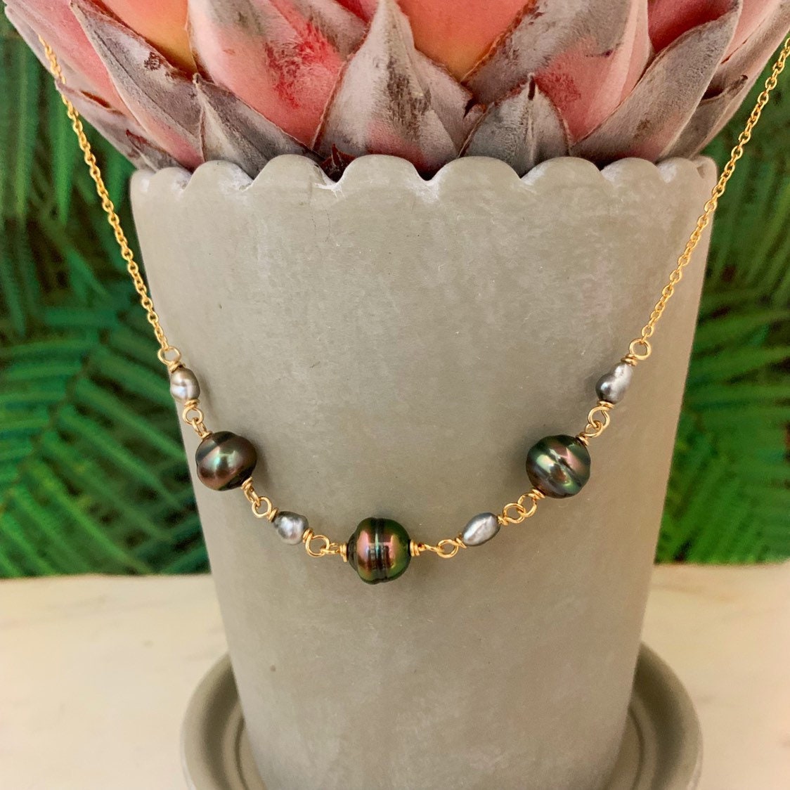 Tahitian Pearl Necklace • Keshi Pearl Choker • Boho Beach Style Jewelry • Handmade in Hawaii