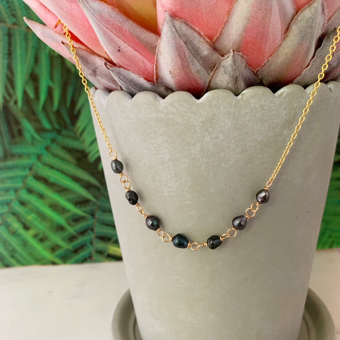 Tahitian Keshi Pearl Necklace: 14k Gold-Filled or Sterling Silver jewelry • Link chain