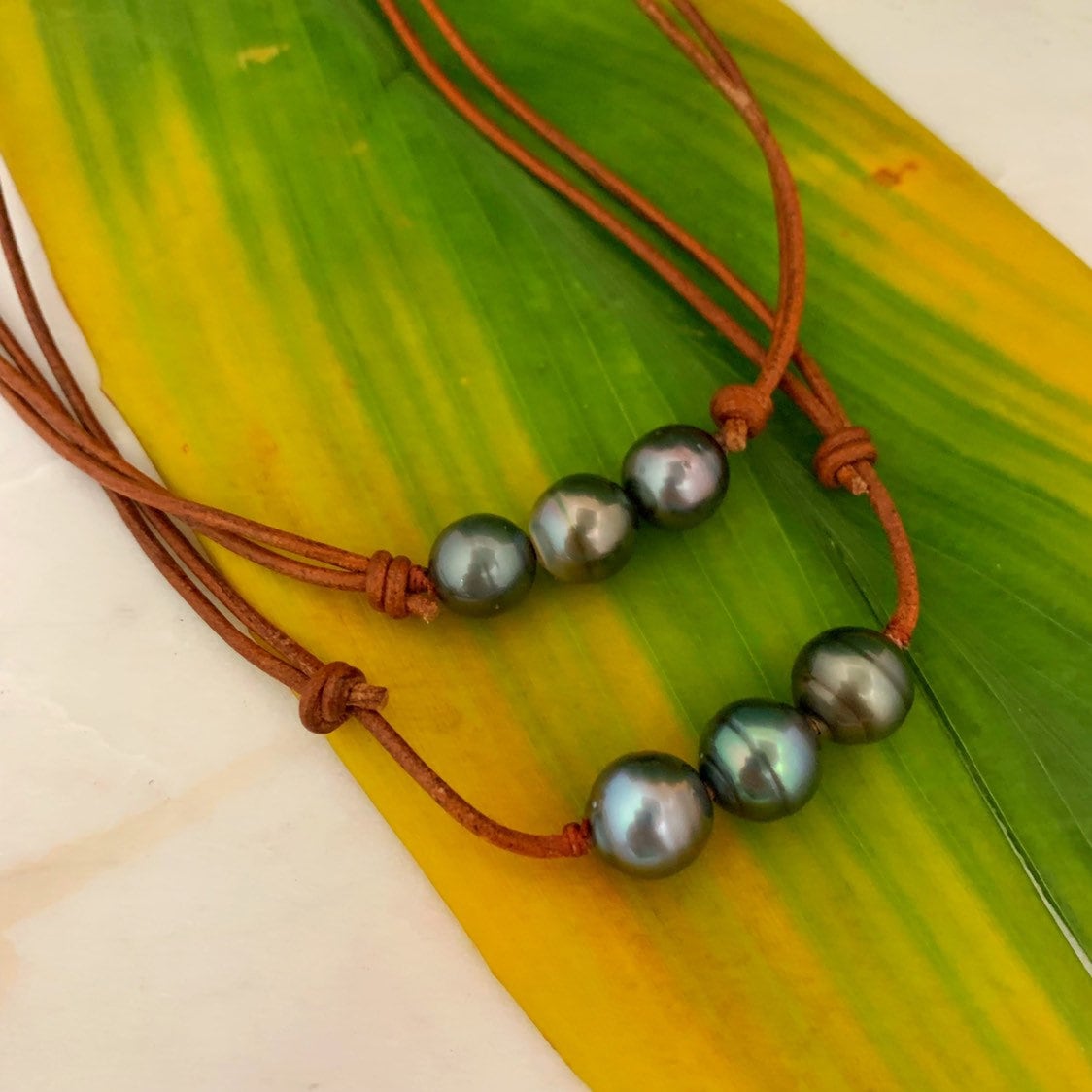Triple Tahitian Pearl Leather Necklace: Adjustable Cord