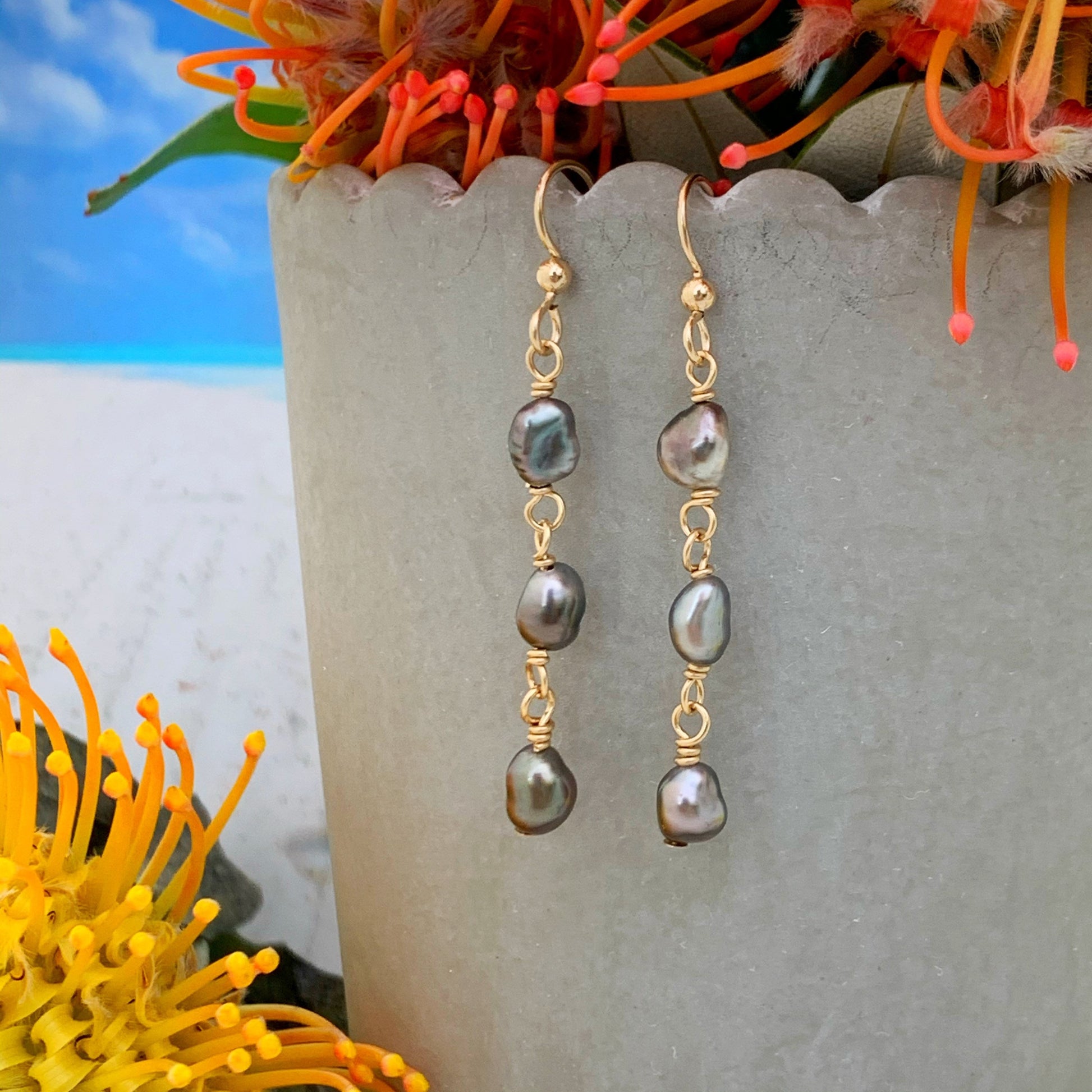 Tahitian Keshi Pearl Earrings • drop dangle design • Sterling silver or gold filled