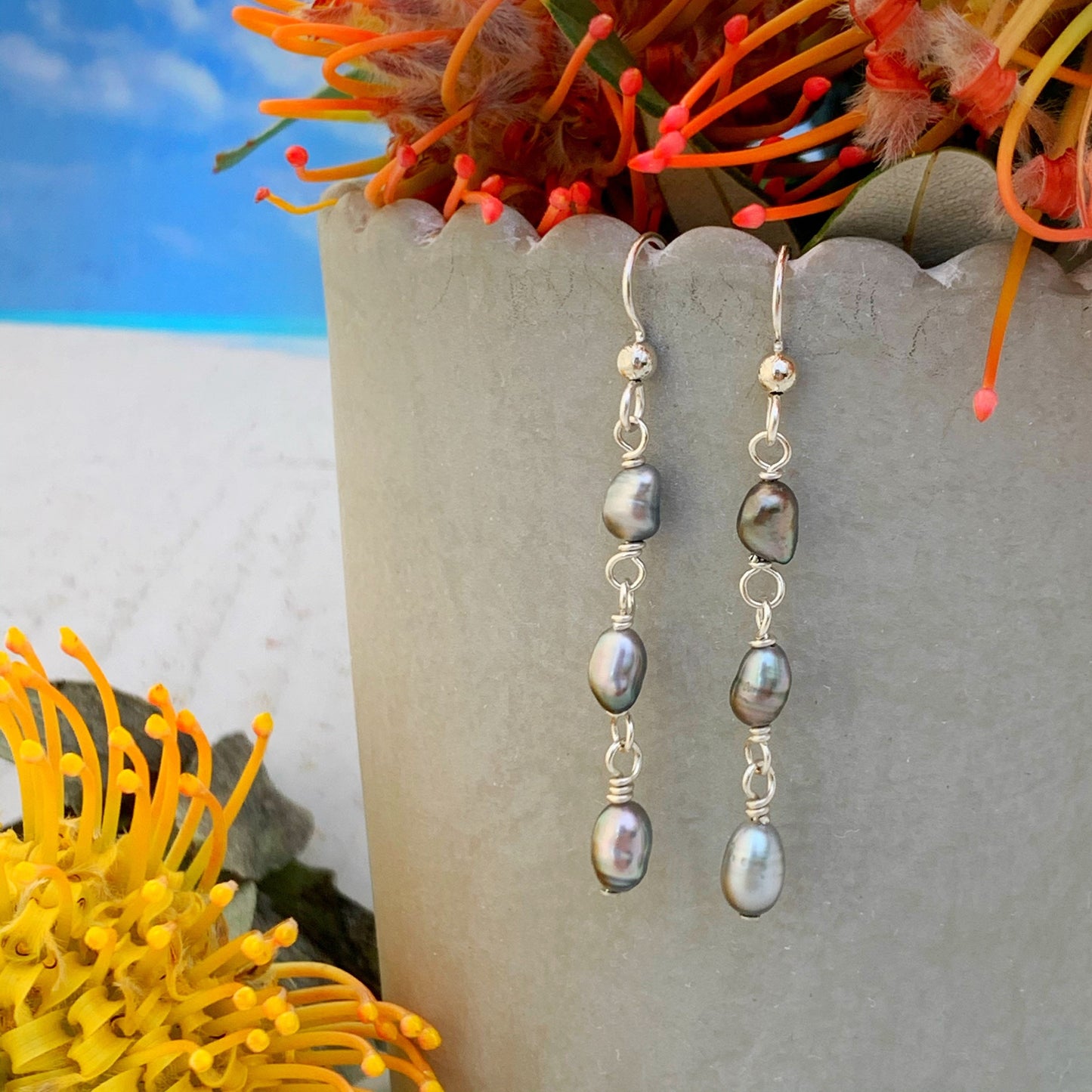 Sterling Silver Tahitian Keshis Pearl Dangle Earrings