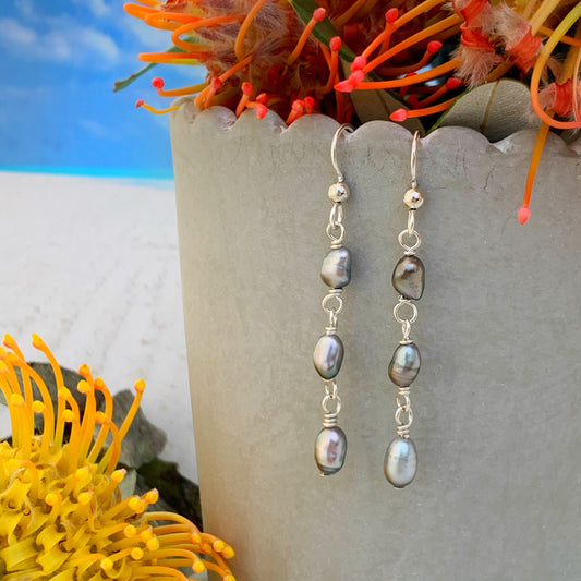 Sterling Silver Tahitian Keshis Pearl Dangle Earrings