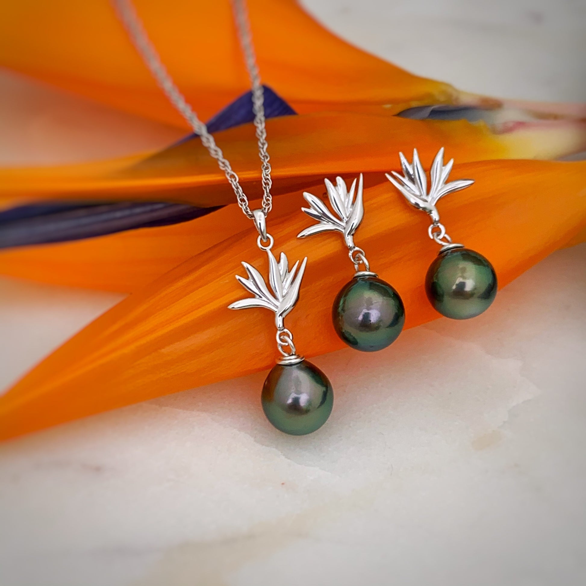 Tahitian Pearl Earrings • Bird of Paradise Studs • Hawaiian Jewelry Gift • Sterling silver