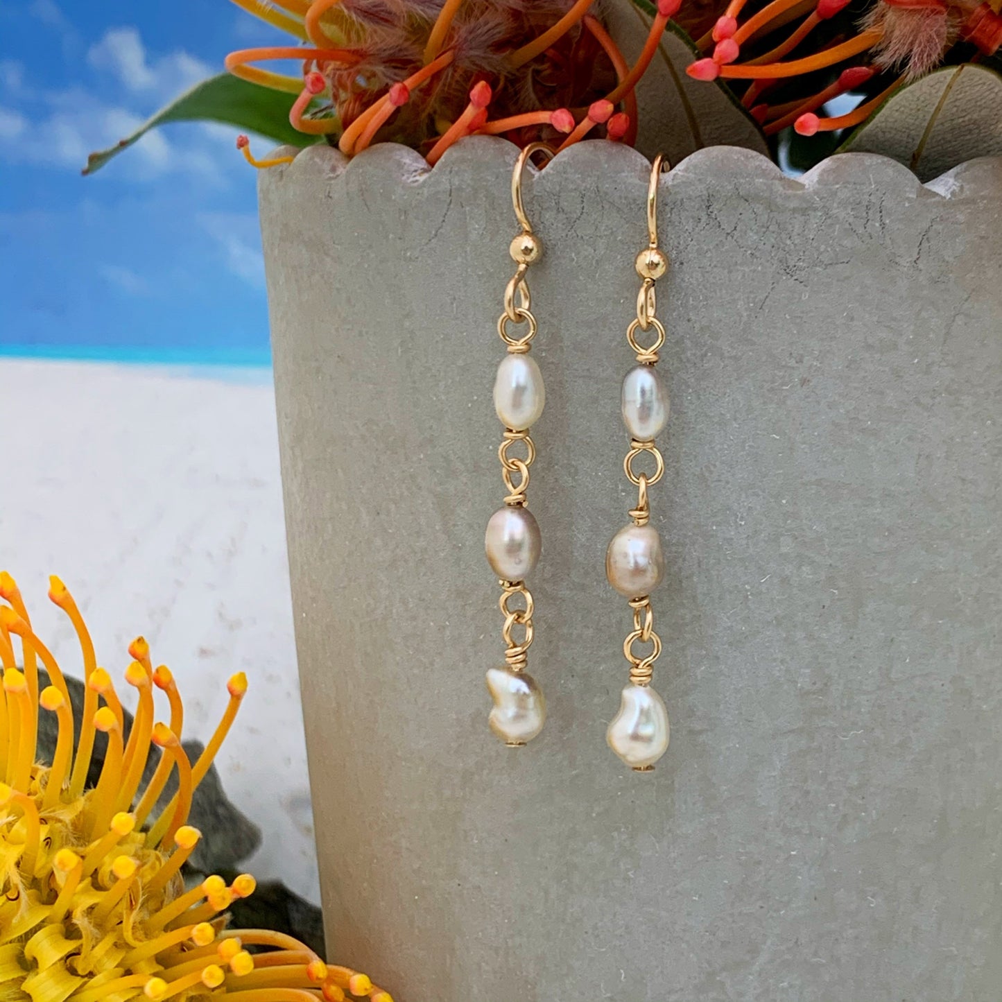 Tahitian Keshi Pearl Earrings • drop dangle design • Sterling silver or gold filled