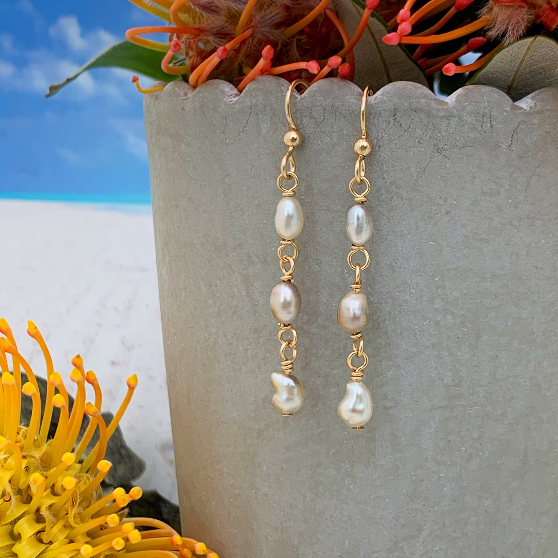 Tahitian Keshi Pearl Earrings • drop dangle design • Sterling silver or gold filled