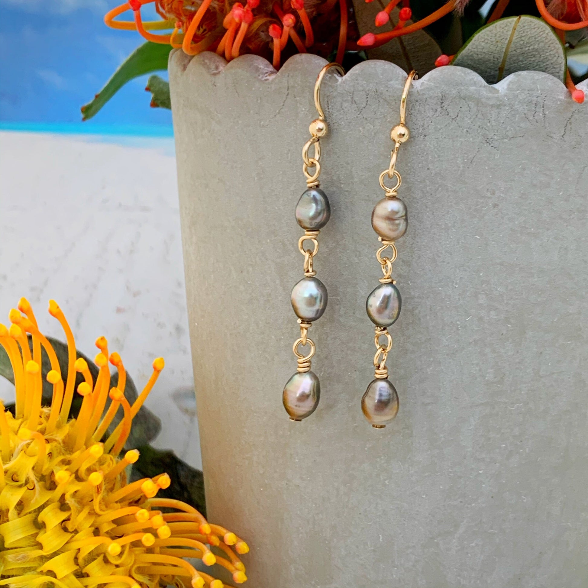 Tahitian Keshi Pearl Earrings • drop dangle design • Sterling silver or gold filled