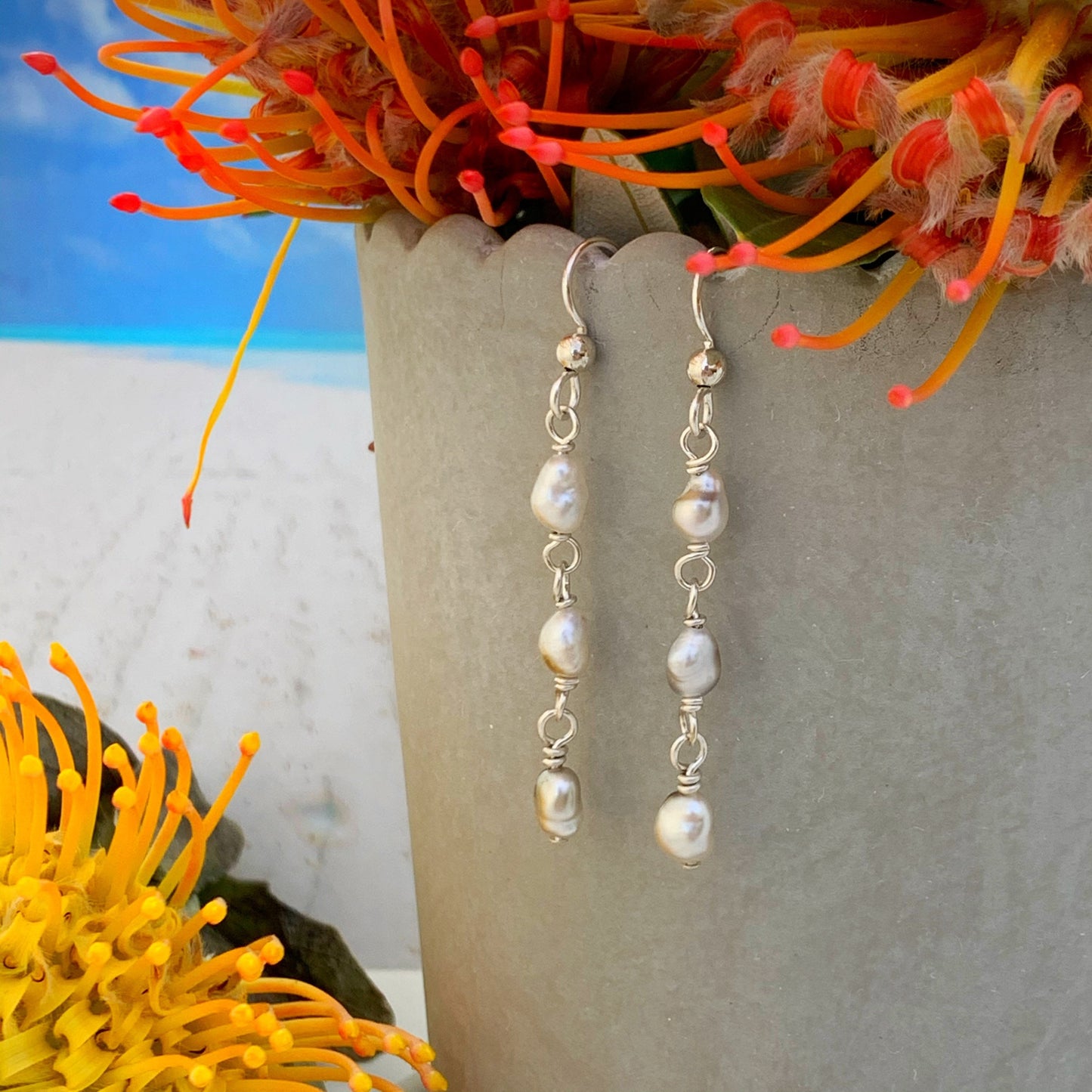 Sterling Silver Tahitian Keshis Pearl Dangle Earrings