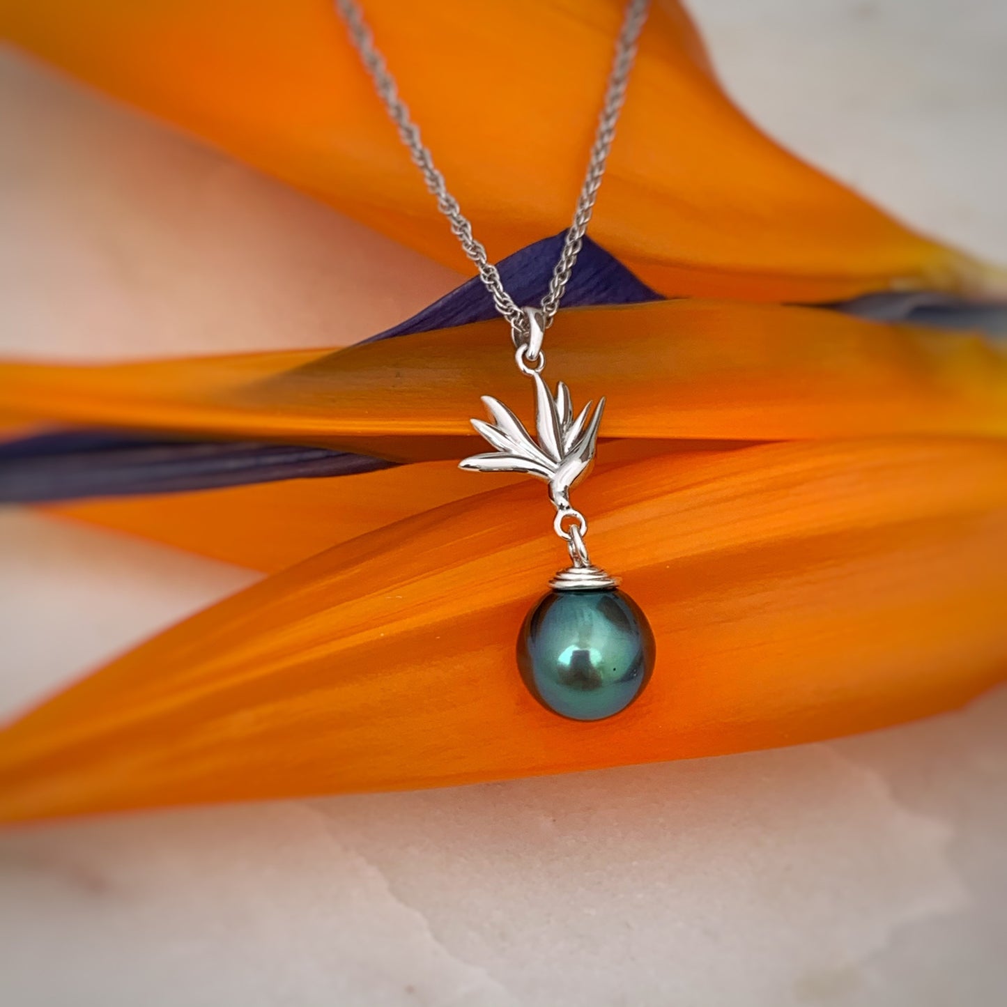 Tahitian pearl pendant — Bird of paradise necklace • CHOOSE YOUR PEARL • Sterling silver